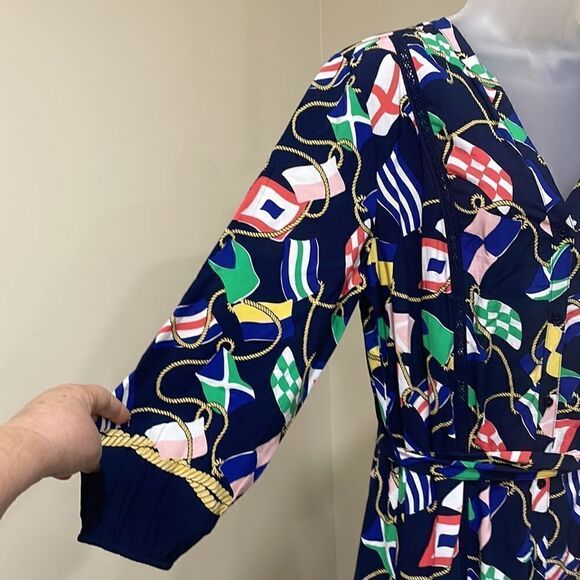 NWOT Crown & Ivy Button Front Belted Nautical Flag Dress. Size M Medium 8/10 - Picture 3 of 9